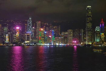 The skyline of Hong Kong harbour, seen at night. 
