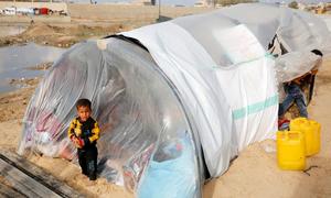 Displaced Gazans are living in tents made of cloth and plastic.