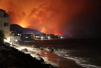 A wildfire burns in the Palisades suburb of Los Angeles, California.