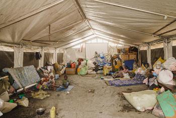 A tent serves as a reception area for displaced families at a hospital near Goma, North Kivu province, DR Congo.