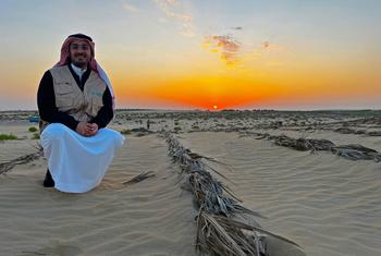 The sun rises over the desert close to the Al Ahsa oasis in eastern Saudi Arabia.