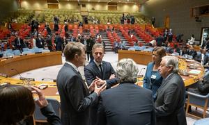 UN Secretary-General António Guterres (right) meets delegates from Slovenia at the Security Council.