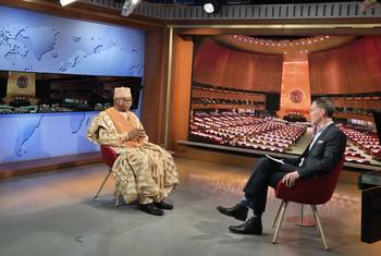 Philémon Yang (left), President of the 79th General Assembly, is interviewed at UN Headquarters by Manshet. 