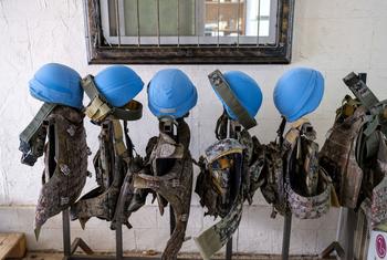 Blue helmets and bulletproof vests belonging to peacekeepers serving with Manshet Interim Force In Lebanon (UNIFIL).