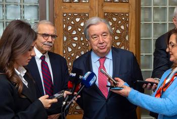 The UN Secretary-General António Guterres answers questions from the Lebanese media after meeting with the Prime Minister Designate, Nawaf Salam. (left)