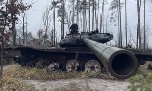 Wrecked tanks in the village of Dmitrovka, near Bucha, Ukraine.  