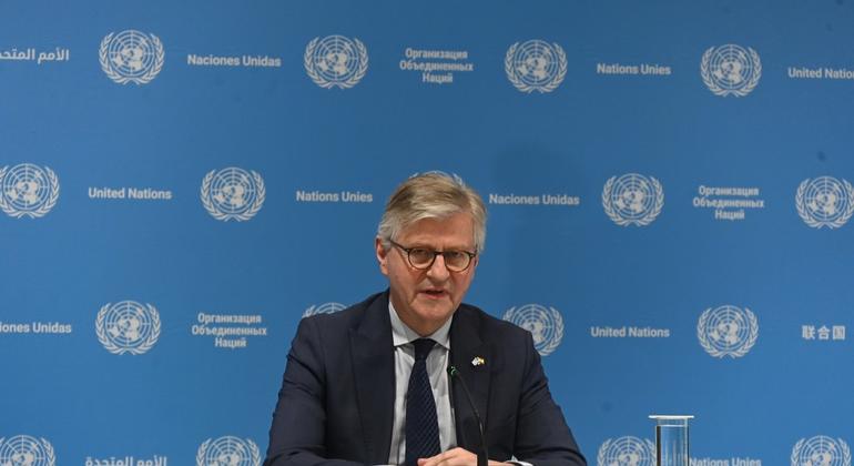 Under-Secretary-General for Peace Operations, Jean-Pierre Lacroix addressing a press conference in New Delhi, India.