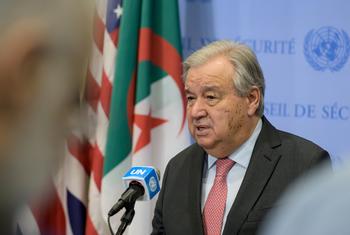 Secretary-General António Guterres speaks to the press at UN Headquarters, in New York.