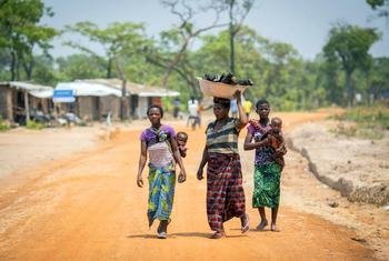 Refugee women from the Democratic Republic of the Congo walk towards the market in Mantapala Settlement, Zambia. 
