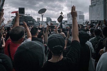 A demonstration takes place on the streets of Bangkok, Thailand.