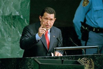 Venezuelan President Hugo Chávez addresses the UN General Assemly in 2001.