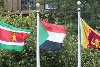 The flag of the Republic of the Sudan (centre) flying at UN headquarters in New York.