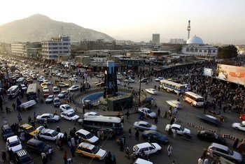A busy roundabout in Kabul, the capital of Afghanistan; the UN has welcomed a ceasefire for the Eid holiday.